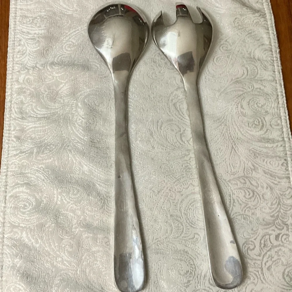 Vintage Stainless Steel Salad Serving Set Large Spoon Fork Textured Handles